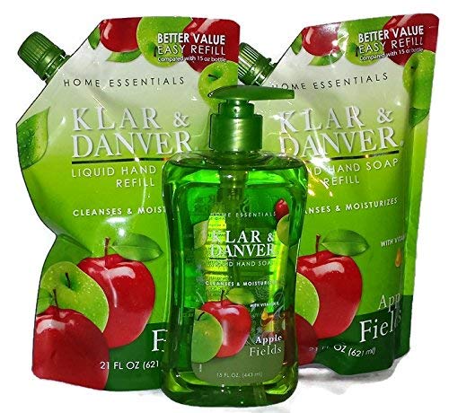 Klar and Danver Liquid Hand Soap. 1 Extra Large 15 Fl Oz Bottles Pump with 2 - 21 Fl Oz Refills (Apple Fields)