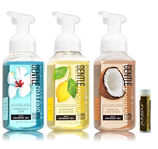 HONOLULU SUN, SUNSHINE & LEMONS AND VANILLA COCONUT Bath & Body Works Pack of 3 Gift Set of Gentle Foaming Hand Soap with a Jarosa Bee Organic Chocolate Bliss Lip Balm