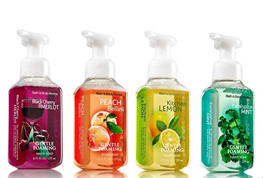 Bath and Body Works Kitchen Favorites Soap Collection (Set of 4) Black Cherry Merlot + Kitchen Lemon + Eucalyptus Mint + Peach Bellini -- Bath & Body Works Gentle Foaming Hand Soaps