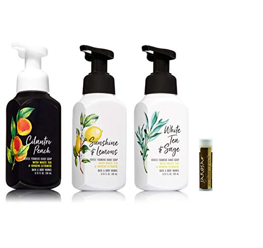 CILANTRO PEACH, SUNSHINE & LEMONS AND WHITE TEA & SAGE Bath & Body Works Pack of 3 Gift Set of Gentle Foaming Hand Soap with a Jarosa Chocolate Bliss Lip Balm by Jarosa Gifts