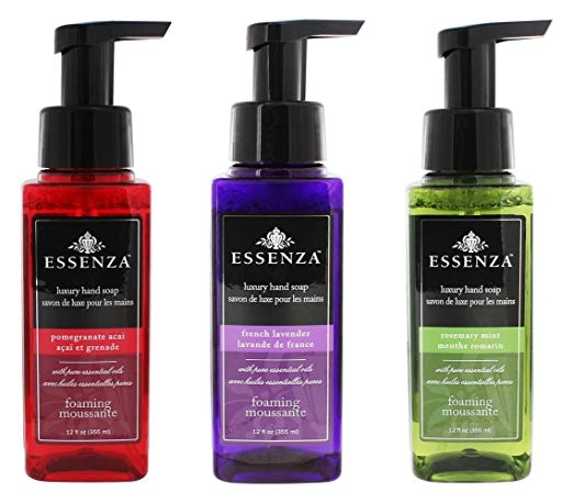 Essenza (OMP) Foaming Luxury Hand Soap with Pure Essential Oils Bundle - Pomegranate Acai (Red, 12 Ounce), French Lavender (Purple, 12 Ounce), and Rosemary Mint (Green, 12 Ounce)