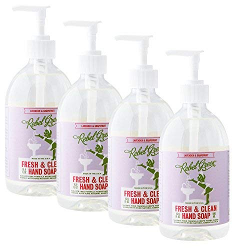 Rebel Green Fresh and Clean Liquid Hand Soap, Natural, Sulfate-Free, and Hypoallergenic Gel Hand Soap - Lavender & Grapefruit Scent, 16 Ounce Pump Bottles, Pack of 4