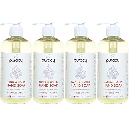 Puracy Natural Liquid Hand Soap, Sulfate-Free Gel Hand Wash, Lavender & Vanilla, 12 Ounce (4-Pack)