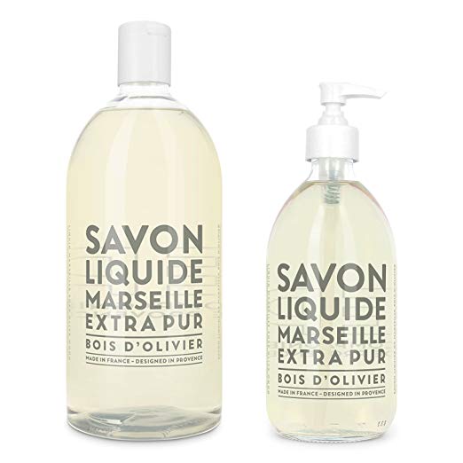 Compagnie de Provence Savon de Marseille Extra Pure Liquid Soap - Olive Wood - 16.9 Fl Oz Glass Pump Bottle and 33.8 fl oz Plastic Bottle Refill